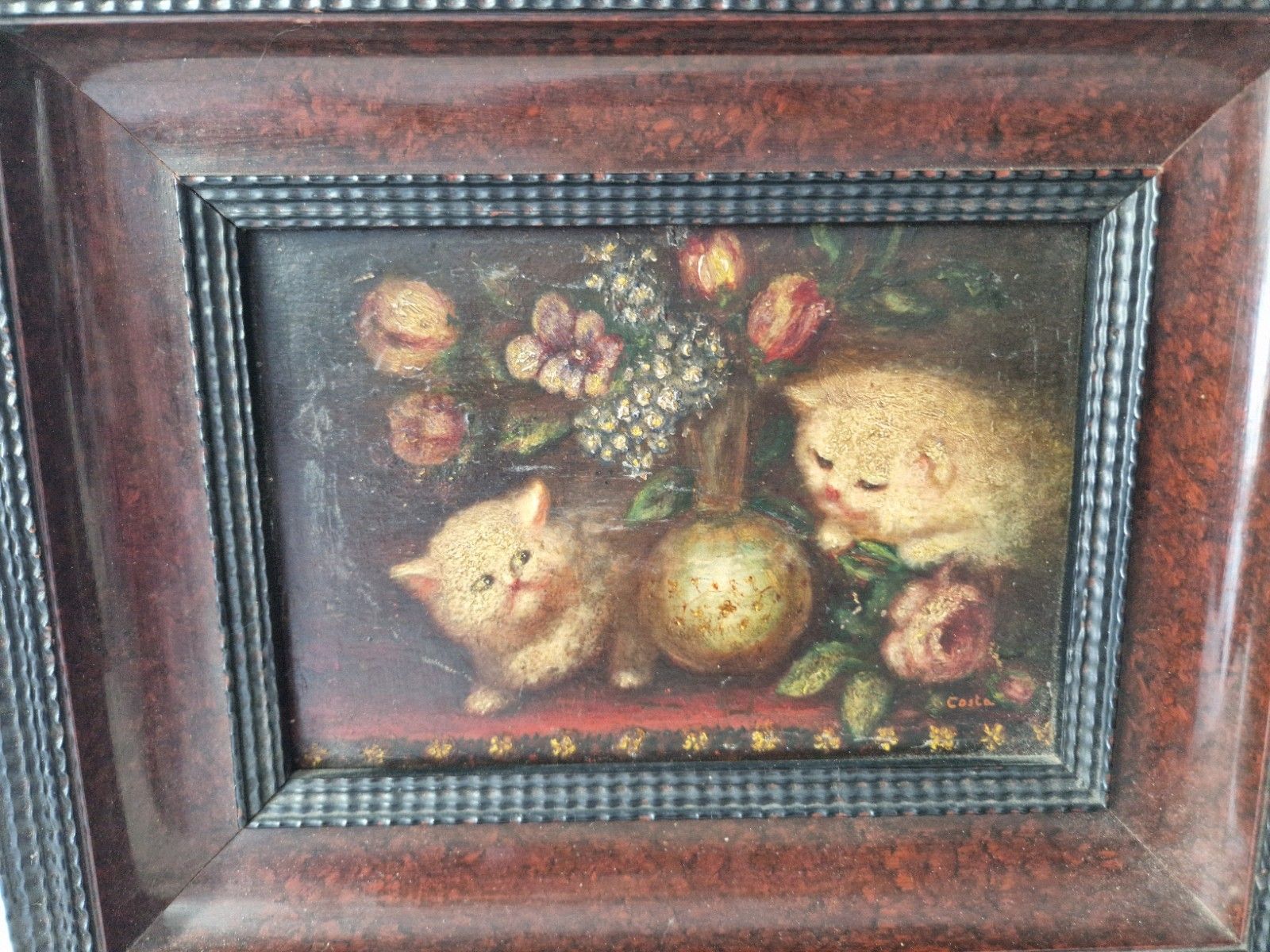 photo for sale Antique Oil Painting Kittens 19th Century Signed Costa