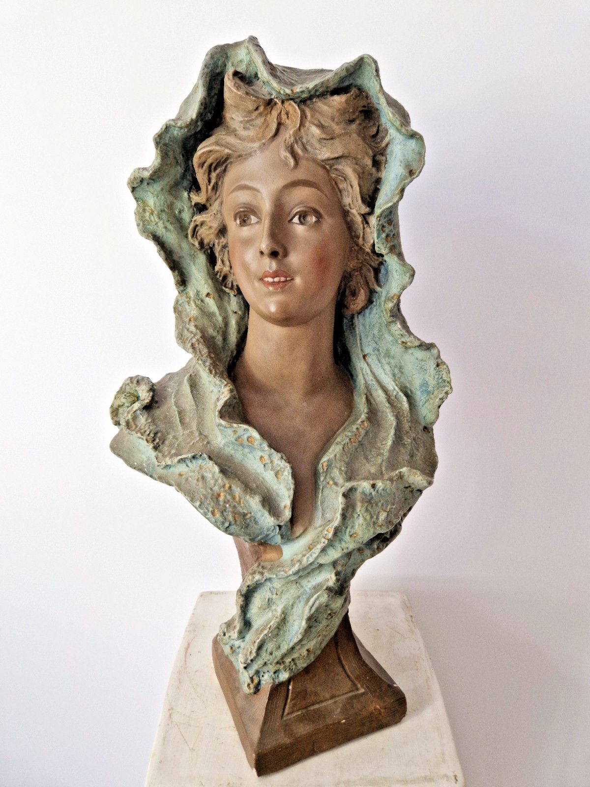Antique French Bust Patina Plaster Femme Sculpture Art Noveau