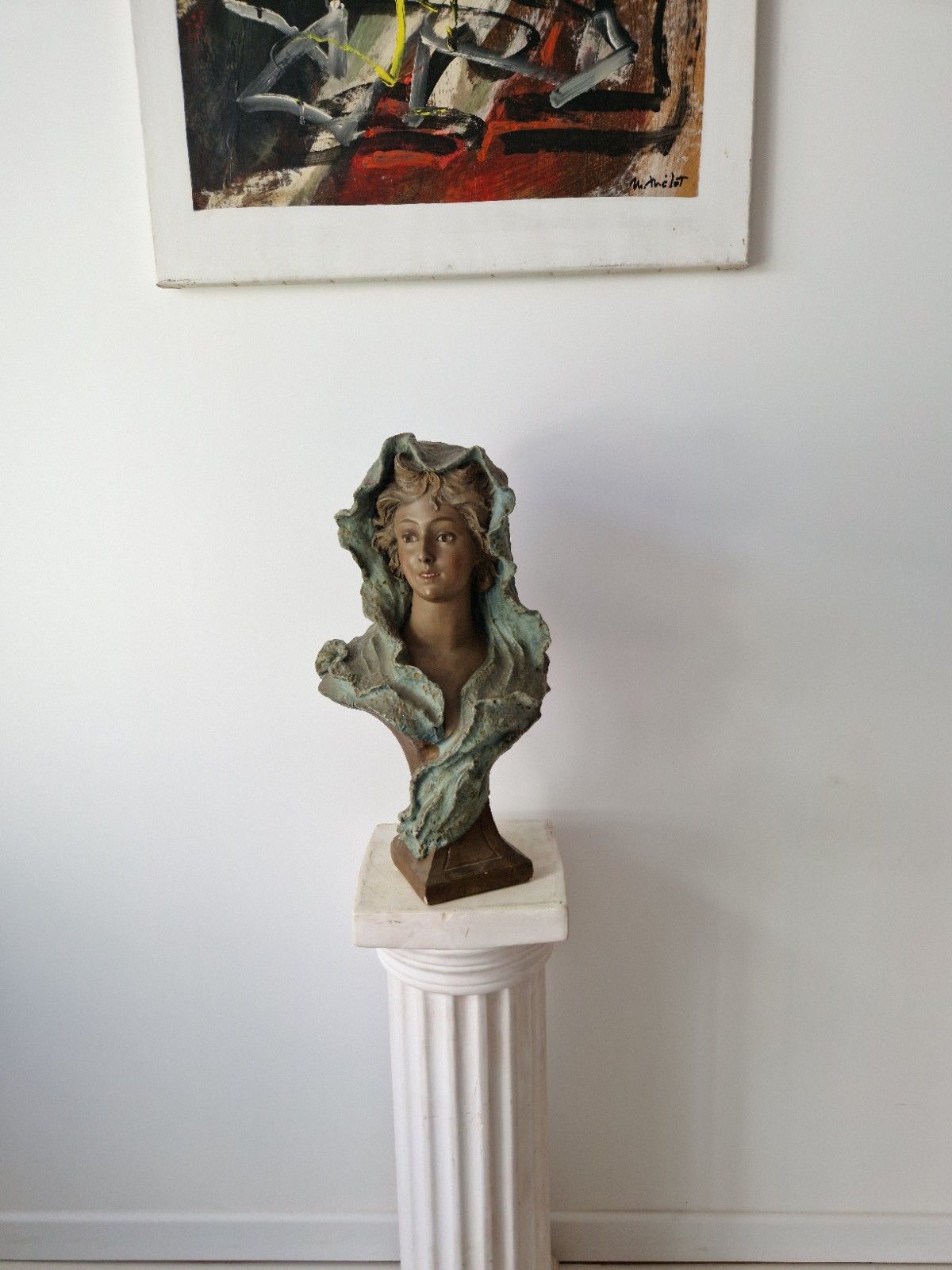 Antique French Bust Patina Plaster Femme Sculpture Art Noveau photo furniture