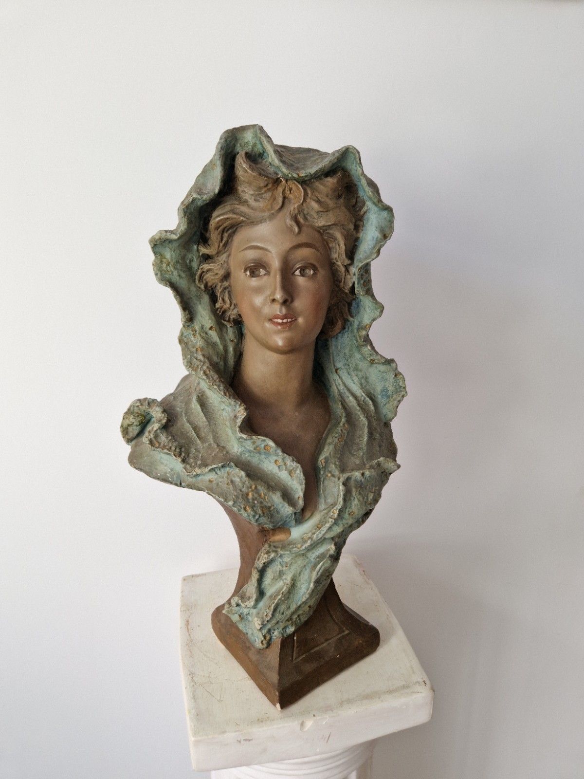 Antique French Bust Patina Plaster Femme Sculpture Art Noveau photo for sale
