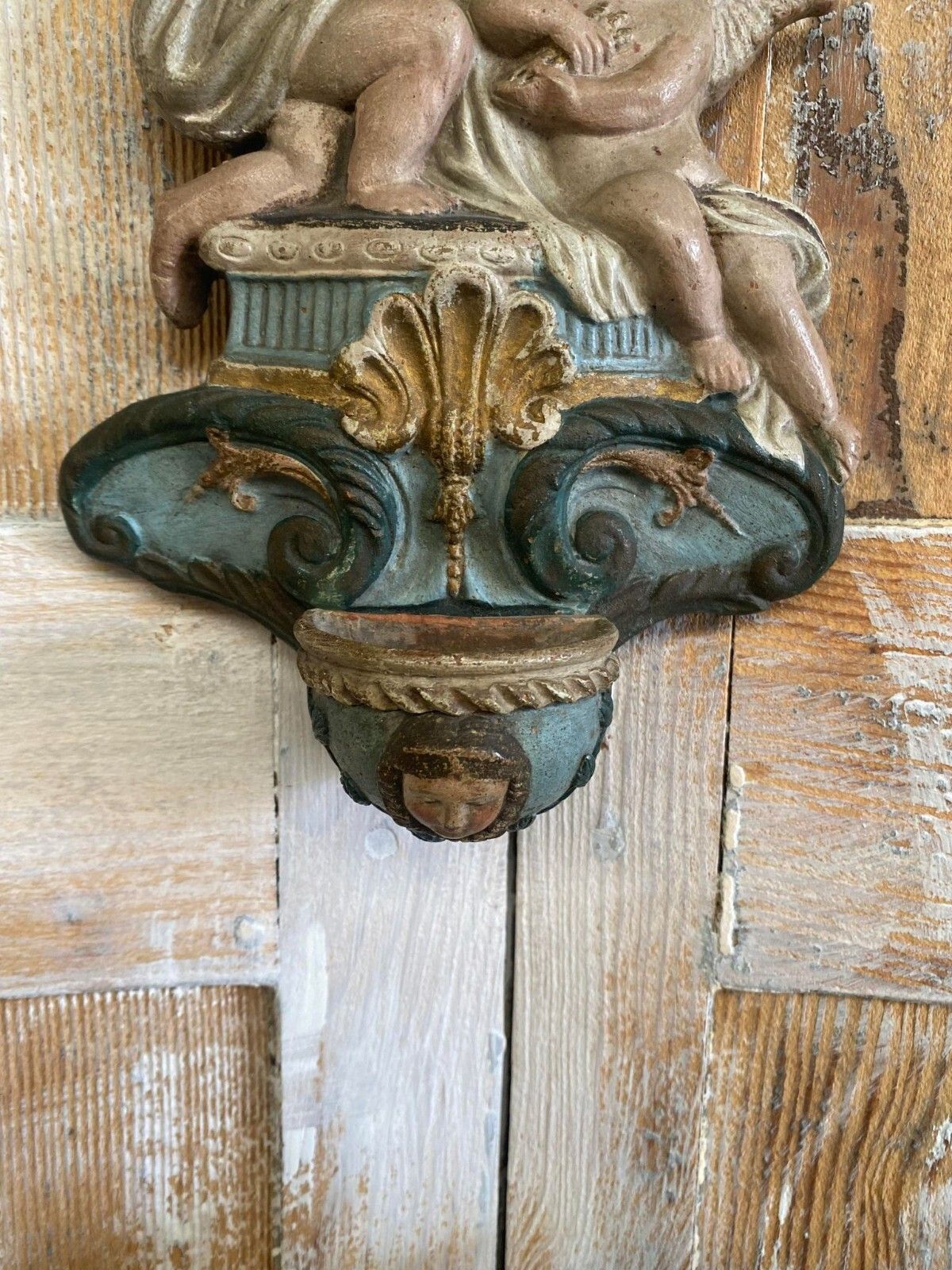 Antique Religious Holy Water Font Bénitier Putti Angels Cross Polychrome Carved photo vintage