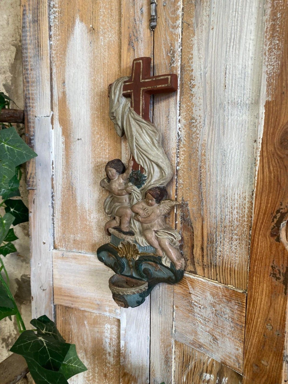 photo for sale Antique Religious Holy Water Font Bénitier Putti Angels Cross Polychrome Carved