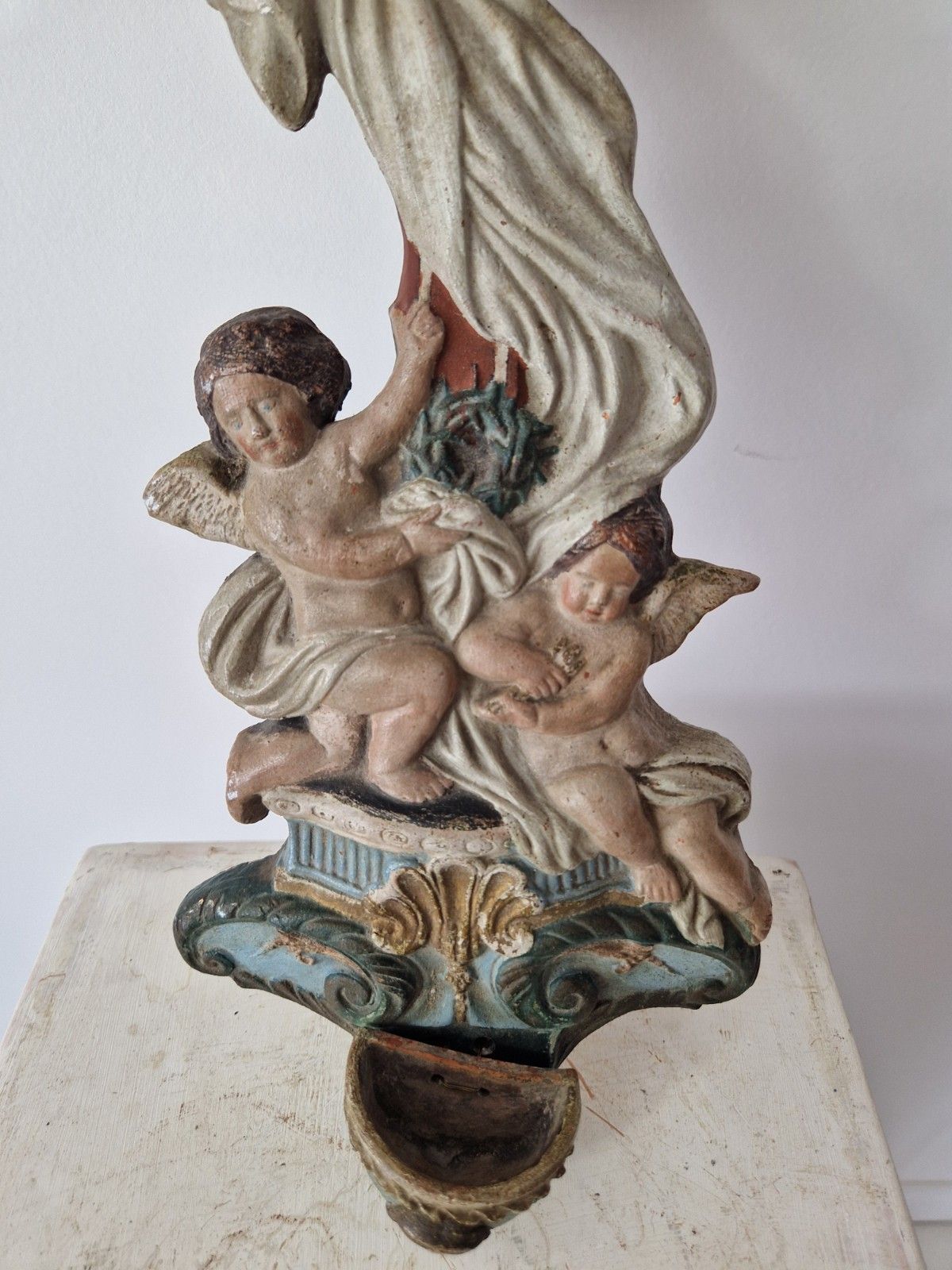 photo vinterior Antique Religious Holy Water Font Bénitier Putti Angels Cross Polychrome Carved