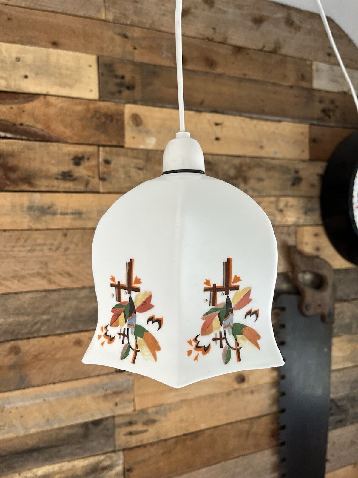 photo vintage 1 Art Deco Opaline Multicoloured Floral Leaf Painted Glass Lamp Light Shade 20's