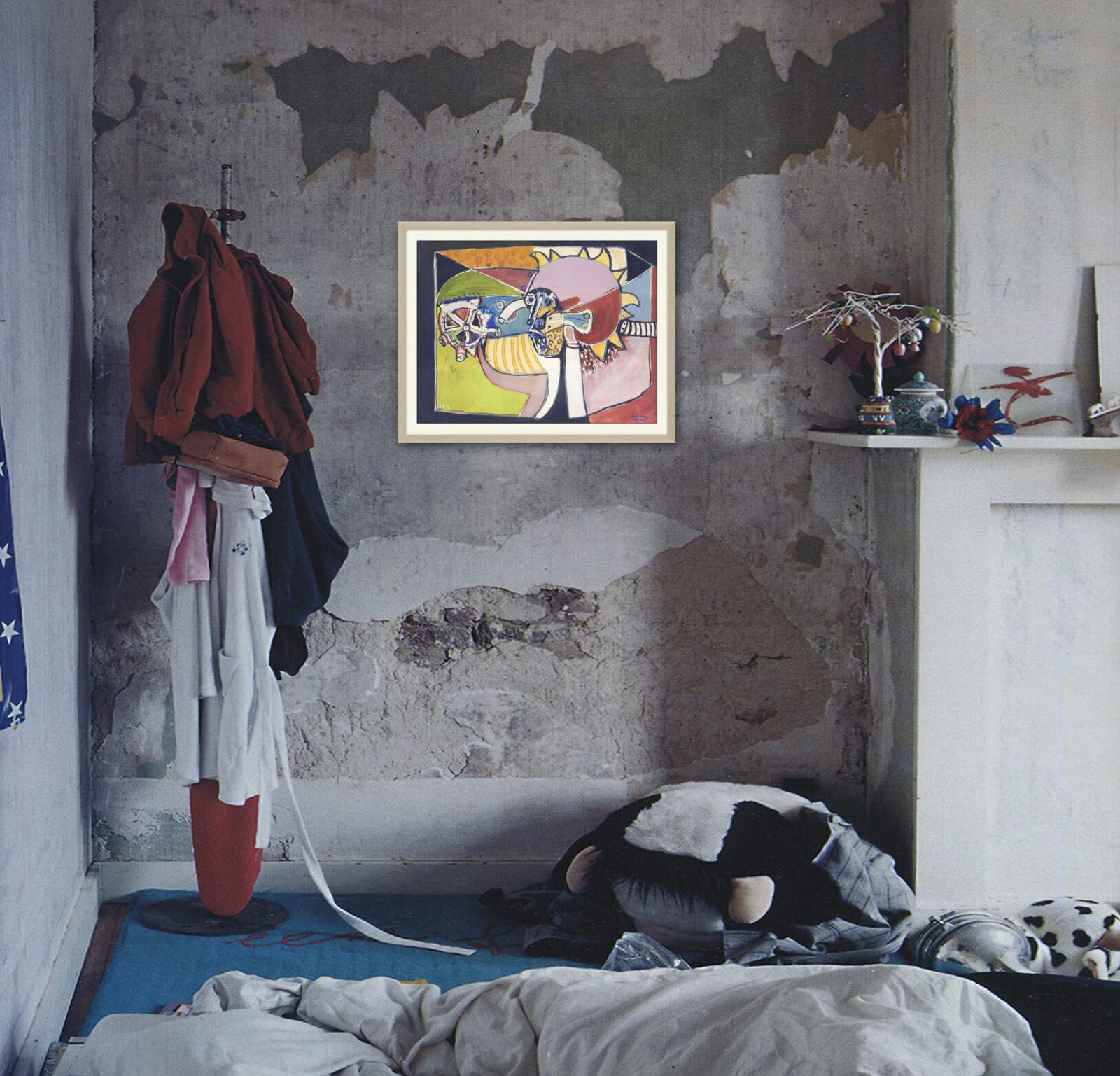 Gesigneerd en ingelijst outsider schilderij op papier uit 1968 photo vinterior