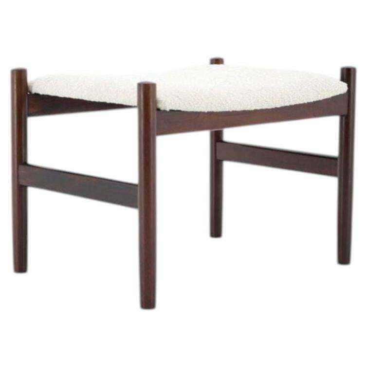 1960s Mid Century Danish Modern Refurbished Wood Stool In White Bouclé