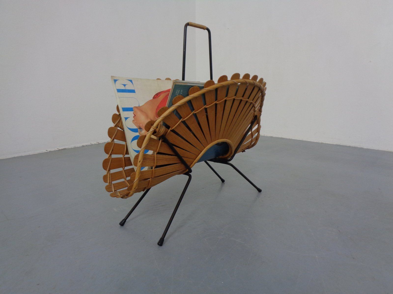 Italian Wicker And Iron Magazine Rack, 1960s photo vintage