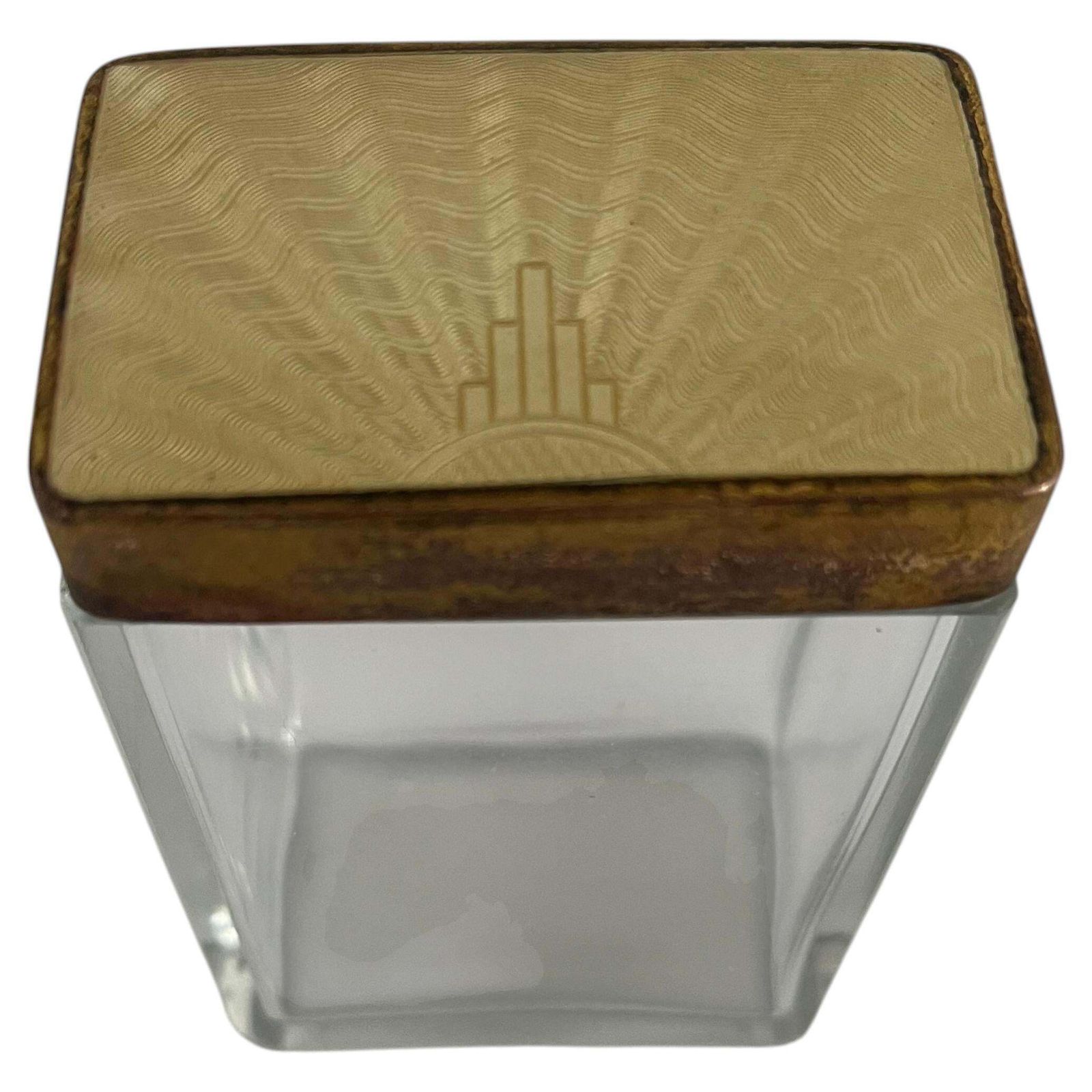Art Deco glazen toiletpotje met goudkleurig guilloche emaille deksel, ca. jaren 1920 photo for sale