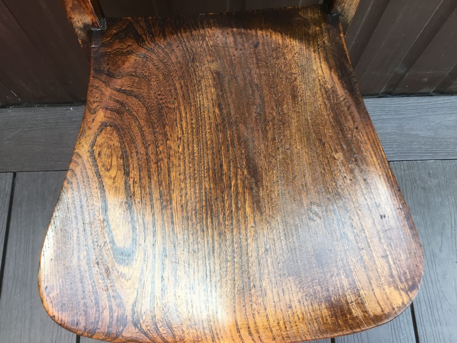 Stamped Antique C1910 English Chapel Chair. Superb Hues Of Dark Elm And Beechwood photo 129.0