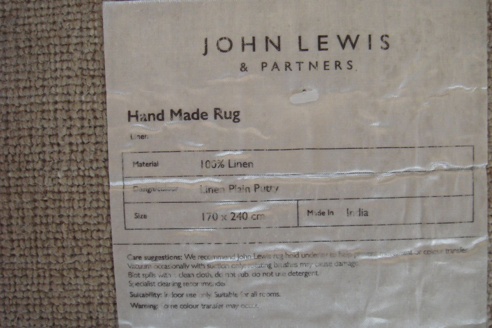 John Lewis Hand Made 100% Linen Rug In Putty 170 X 240 Cm photo Home Fixtures