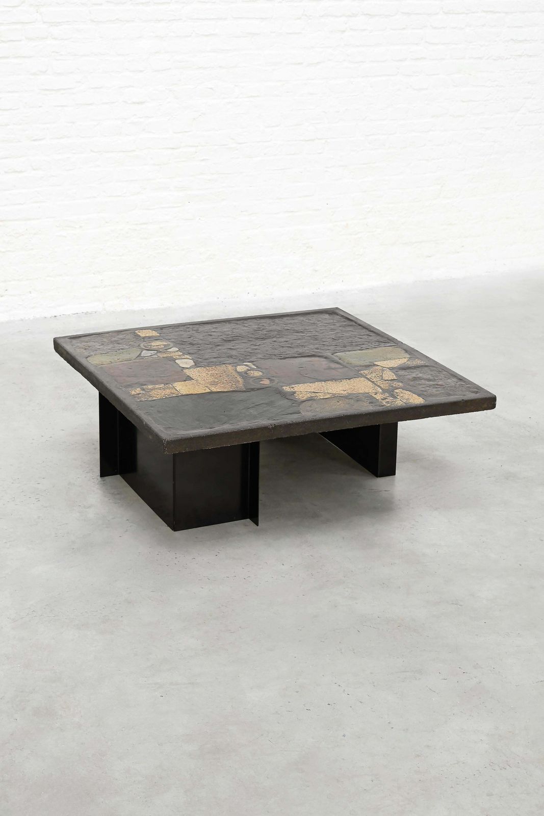 Paul Kingma Slate, Stone, And Brass Inlaid Coffee Table, 1970's photo for sale