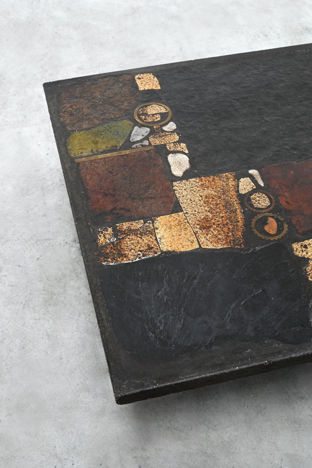 Paul Kingma Slate, Stone, And Brass Inlaid Coffee Table, 1970's photo vinterior