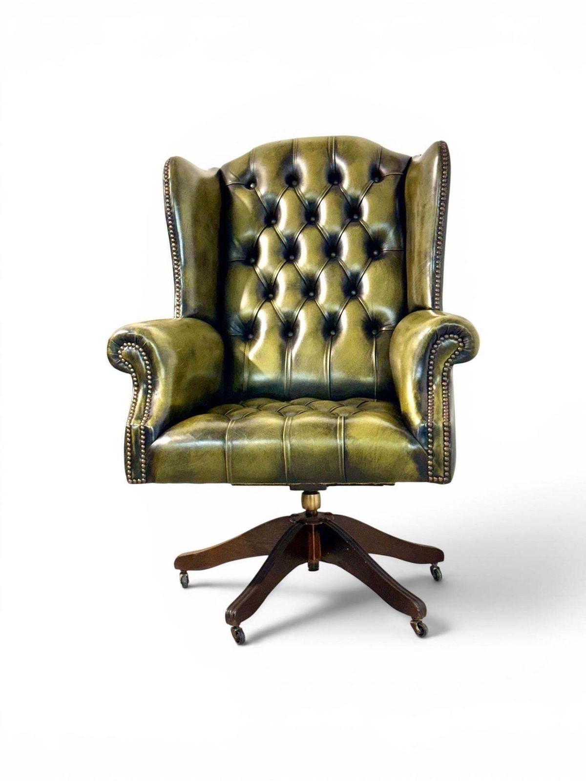 Vintage Chesterfield Style Green Leather Swivel Desk Chair photo vintage
