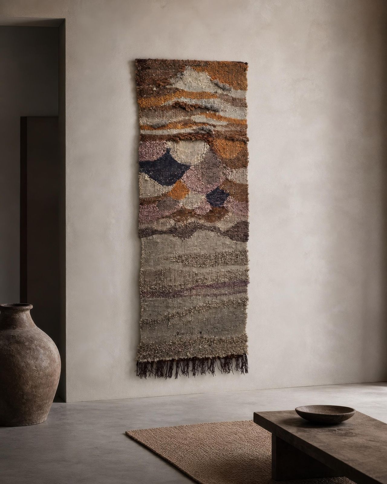 Art Large 1970s Handwoven Wool Fiber Art Wall Hanging, Sculptural Brutalist Textile photo
