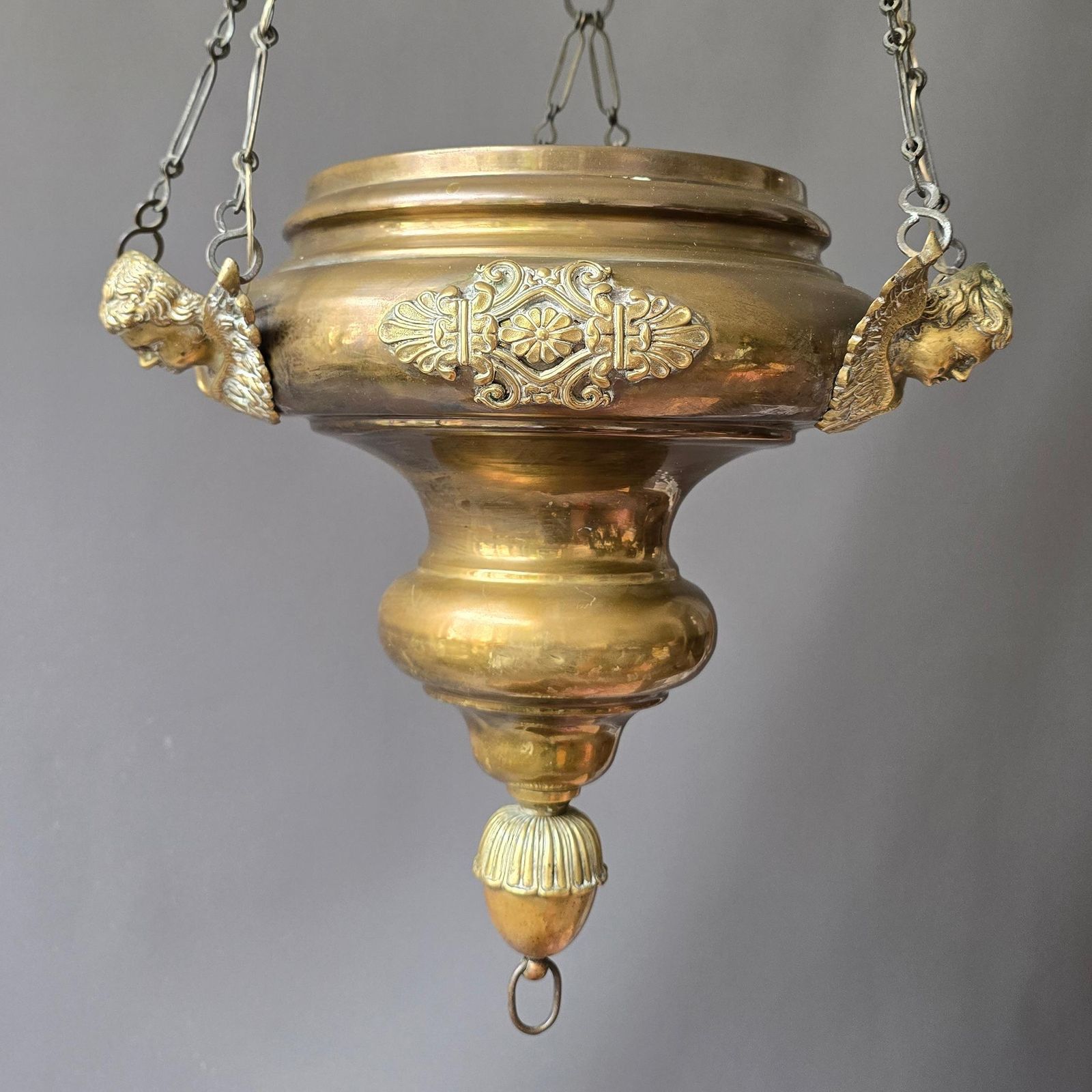Antique Brass Hanging Sanctuary Lamp With Cherub Details, Early 20th Century photo Lighting