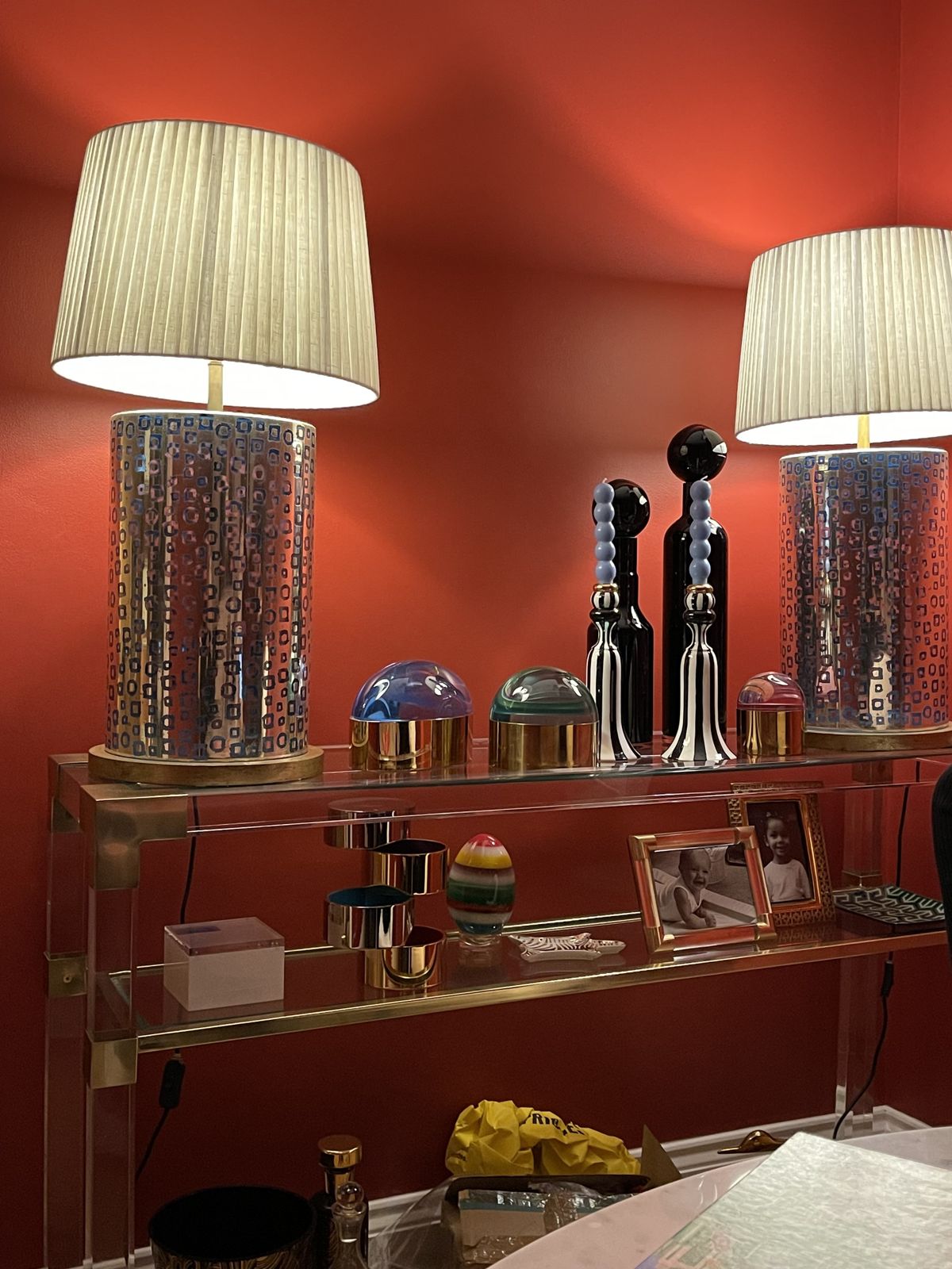 Midcentury Andrew Martin Lucite, Brass & Glass Side Table Three Glass Shelves Stunning Design photo Furniture