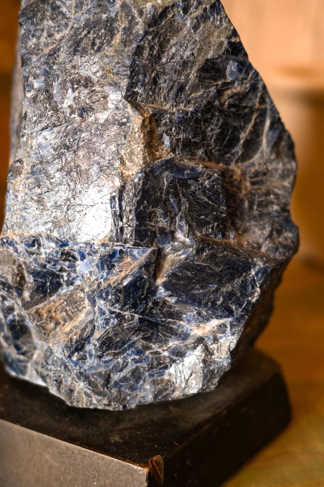 Large Raw Sodalite Specimen | South Africa | Wood Display Base | 19cm | Mineral Collector | Cabinet Of Curiosities | Deep Blue Stone photo furniture