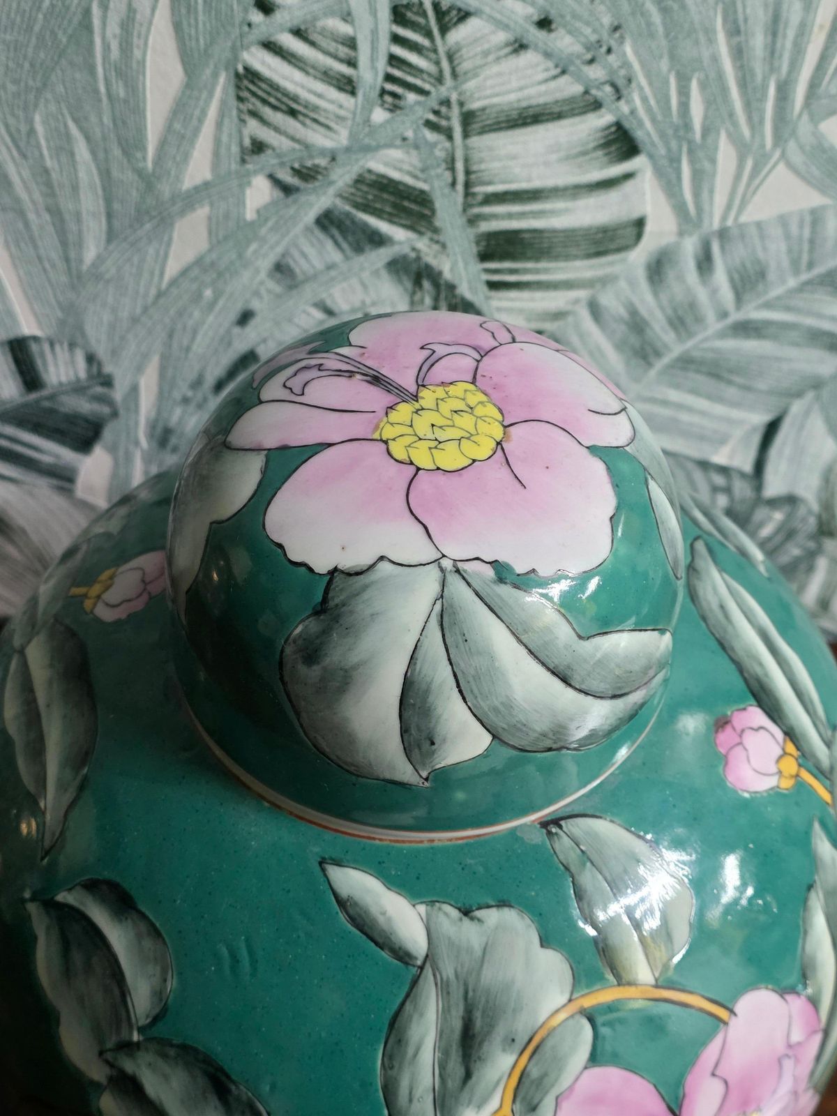 Chinese Porcelain Decorative Green Lidded Vase With Flowers 1960s photo 828.0