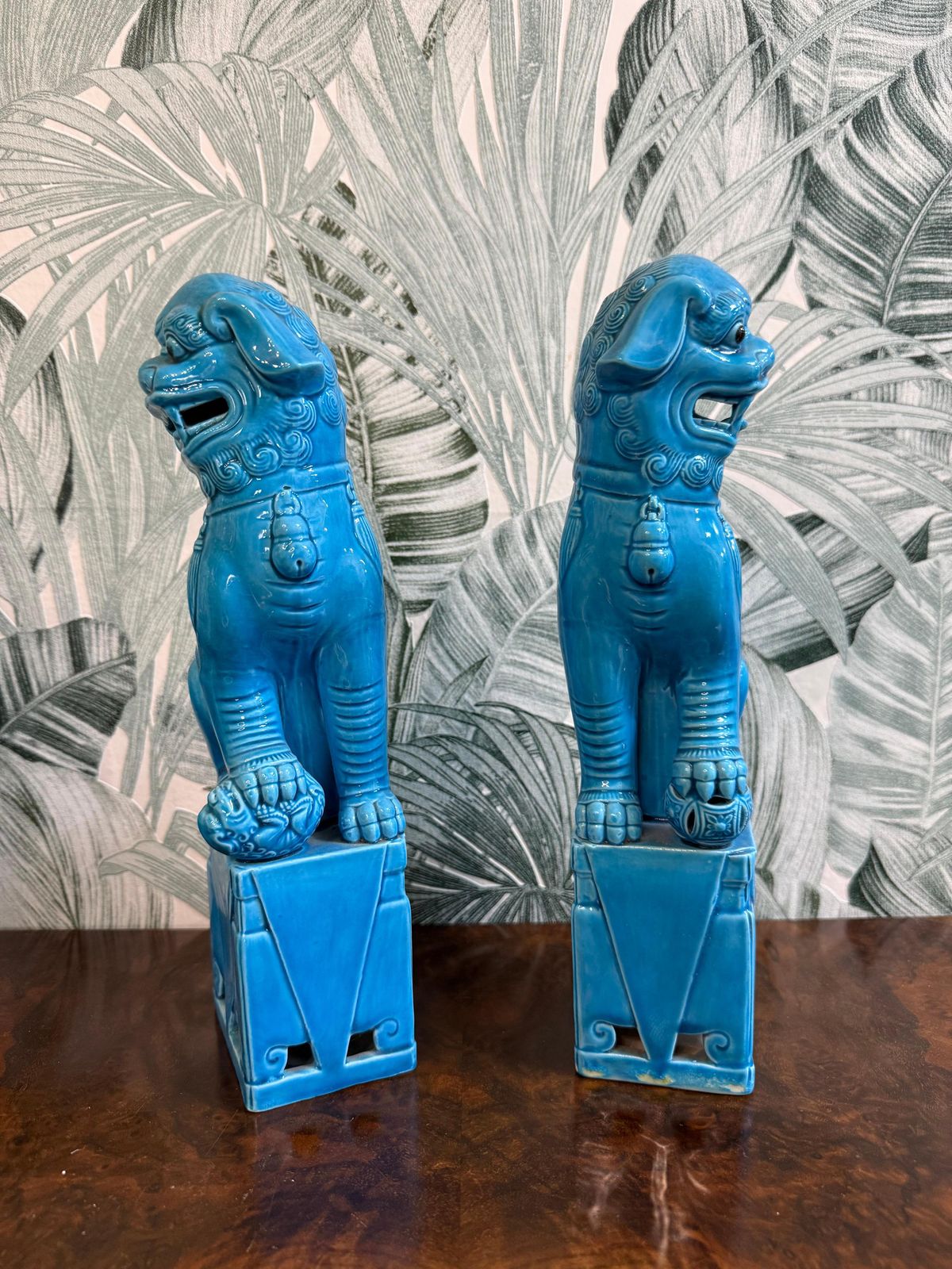 Pair Of Chinese Porcelain Sculptures Fo Dogs Mid Century Turquoise Color photo 725.0