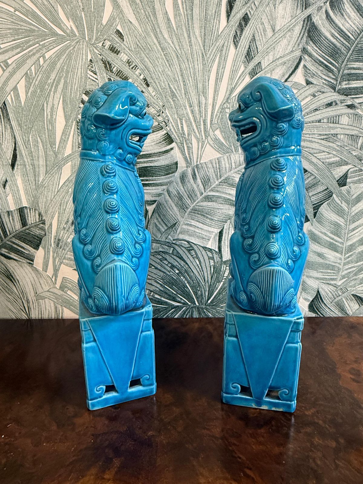 Pair Of Chinese Porcelain Sculptures Fo Dogs Mid Century Turquoise Color photo vinterior
