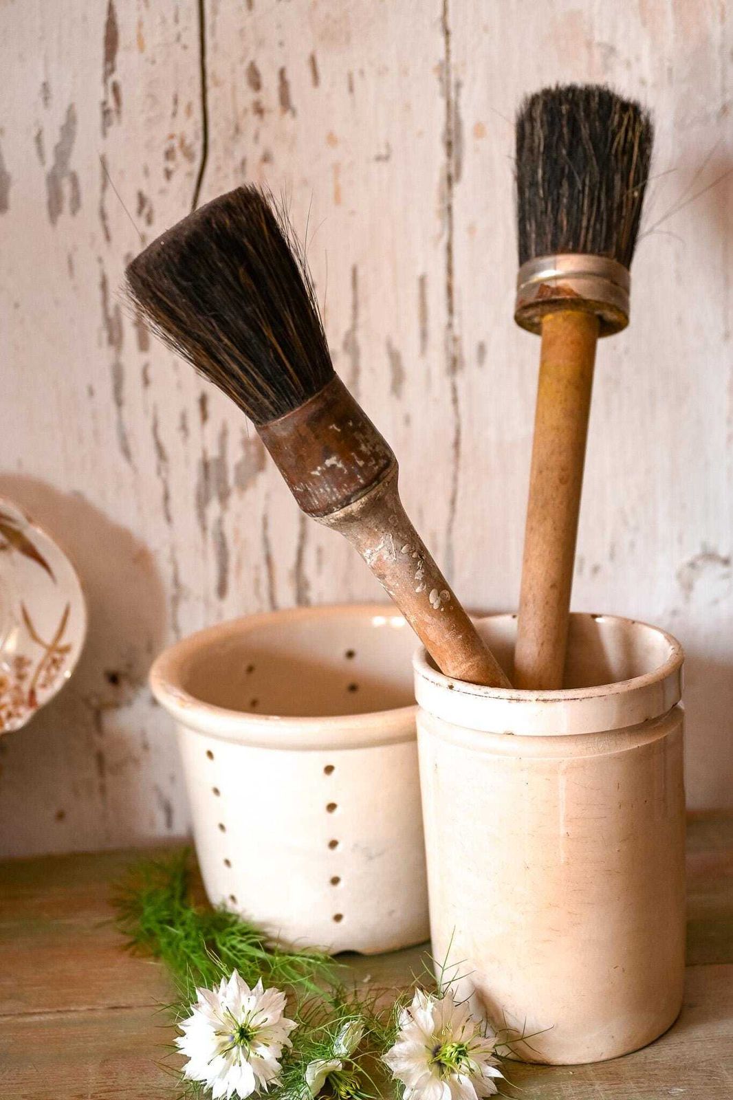 Pair Of Antique Italian Lime Wash Brushes | Natural Bristle | Wooden Handle | Studio Decor | Wall Art Tool | 38 & 34cm