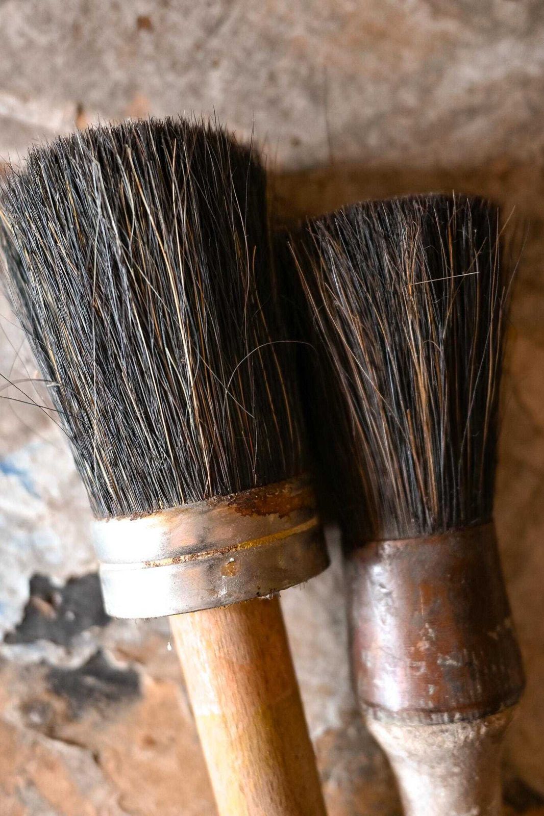 Pair Of Antique Italian Lime Wash Brushes | Natural Bristle | Wooden Handle | Studio Decor | Wall Art Tool | 38 & 34cm photo for sale