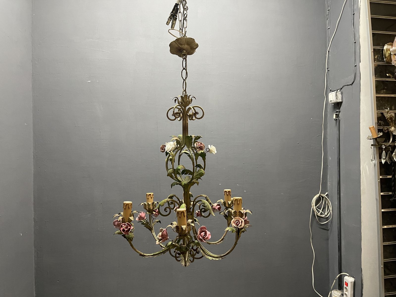 photo vinterior Italian Florentine Iron  And Ceramic Flower Chandelier, 1950s