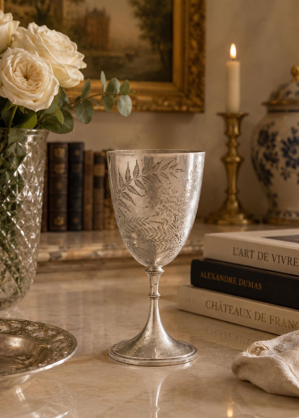 Gegraveerde bokaal / decoratieve wijnkelk, vintage verzilverd glaswerk photo furniture