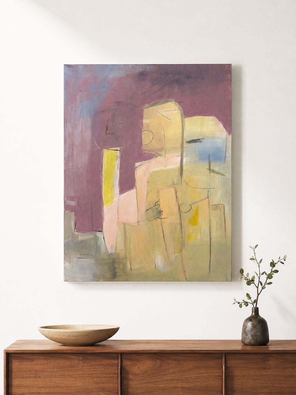 Large Mid Century Abstract Figurative Signed Mauve Painting On Canvas