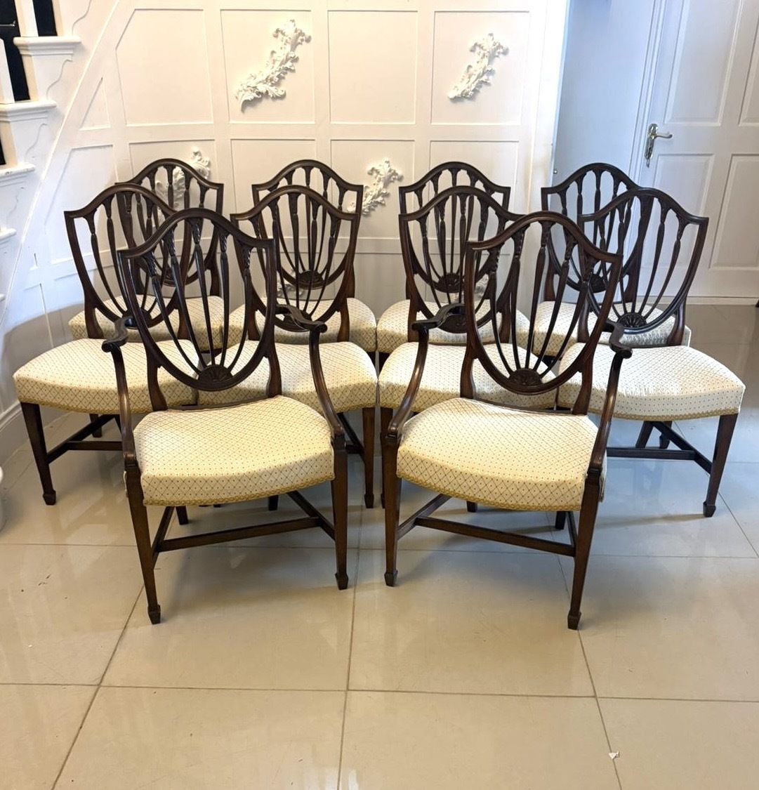 Antique English Early 20th Century Maple & Co Mahogany Shield Back Dining Chairs Set Of 10