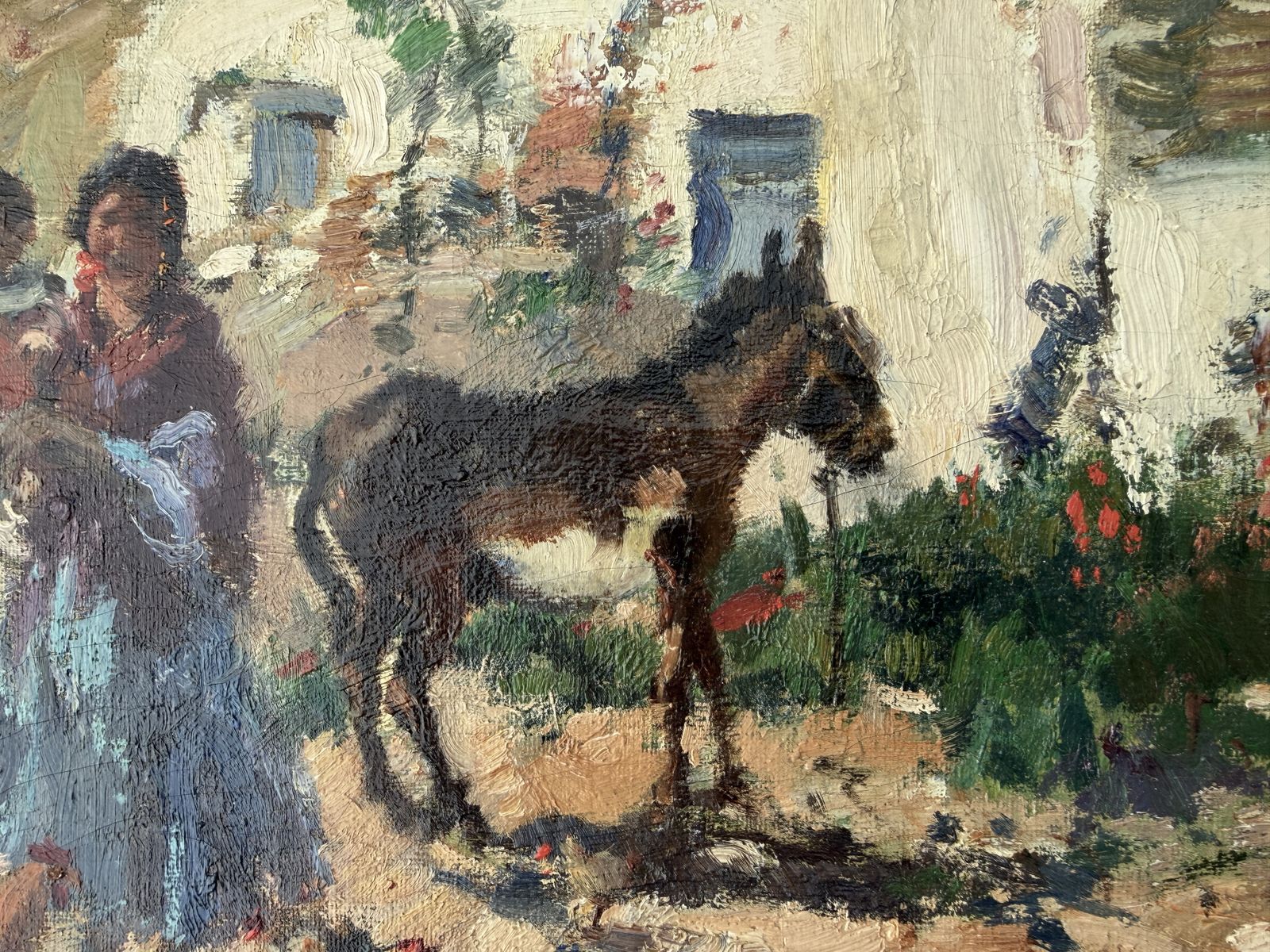 Ignacio Gil Sala, Village méditerranéen blanc avec mère, enfant, âne et poules, peinture à l'huile, années 1950 photo Art