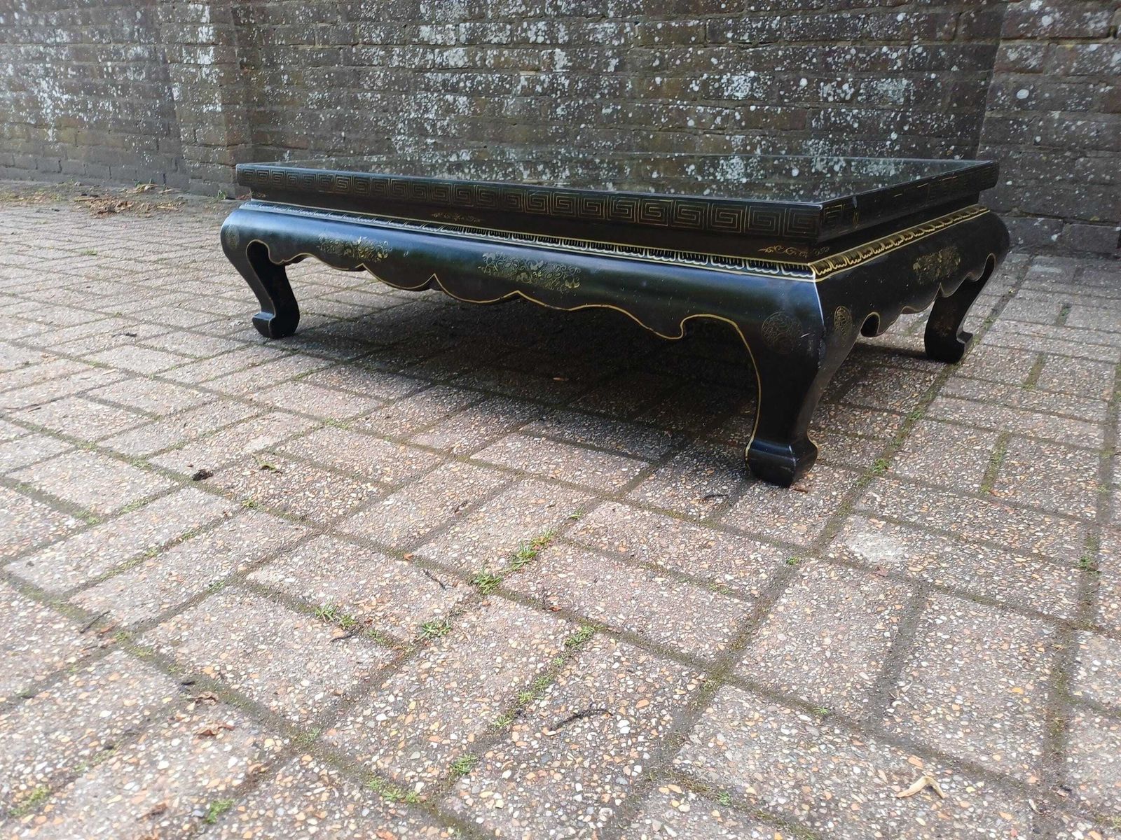 photo buy Vintage Chinoiserie Lacquer Coffee Table Oriental Black Gold Low Table Asian Glass Top Free Hand Delivery