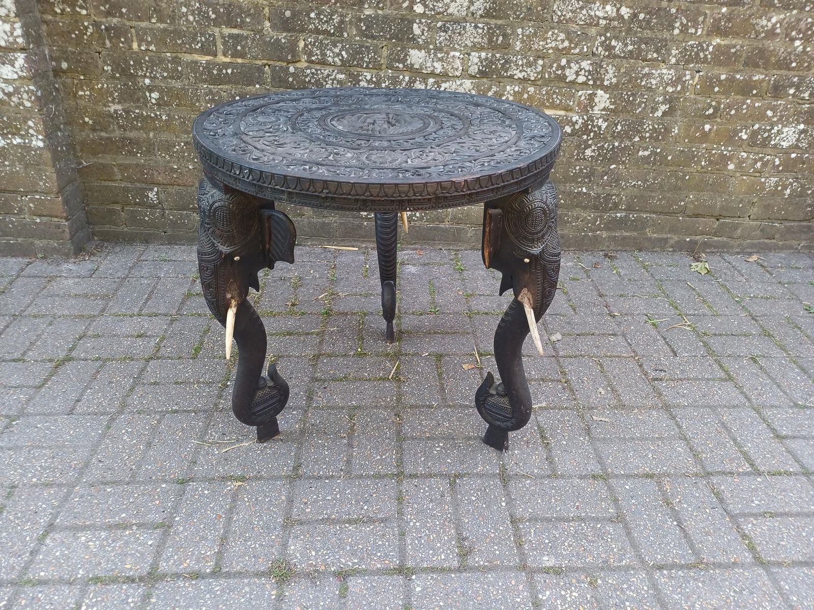 Victorian Deeply Hand Carved Ornate Round Elephant Table Heavy Hardwood Indian Sumptuous Quality Age Worn Free Hand Delivery