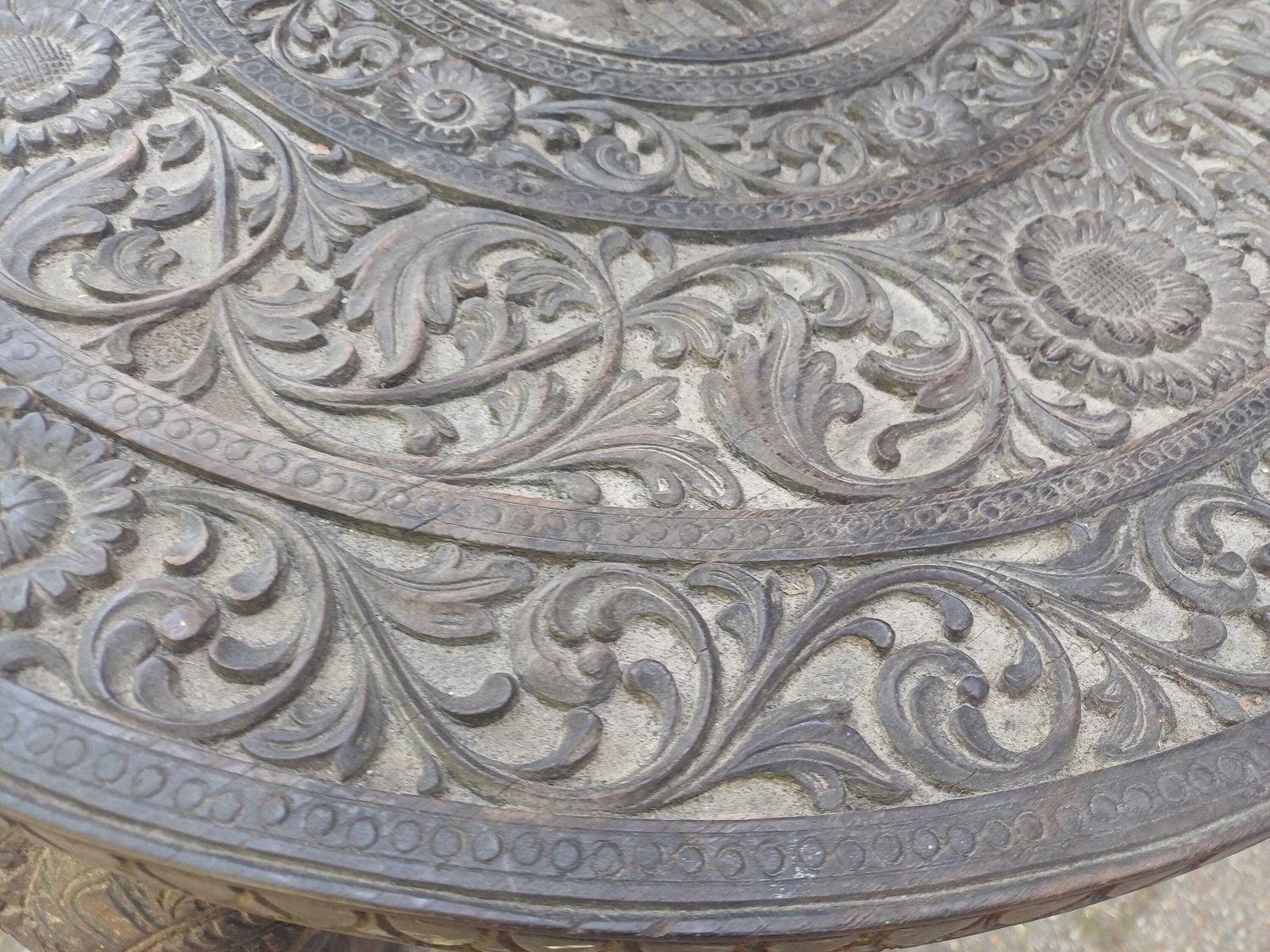 photo buy Victorian Deeply Hand Carved Ornate Round Elephant Table Heavy Hardwood Indian Sumptuous Quality Age Worn Free Hand Delivery