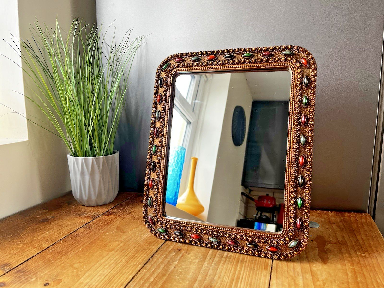 Vintage Hollywood Regency Cabochon Jewelled Gilt Wall Easel Mirror Moorish Boho photo furniture