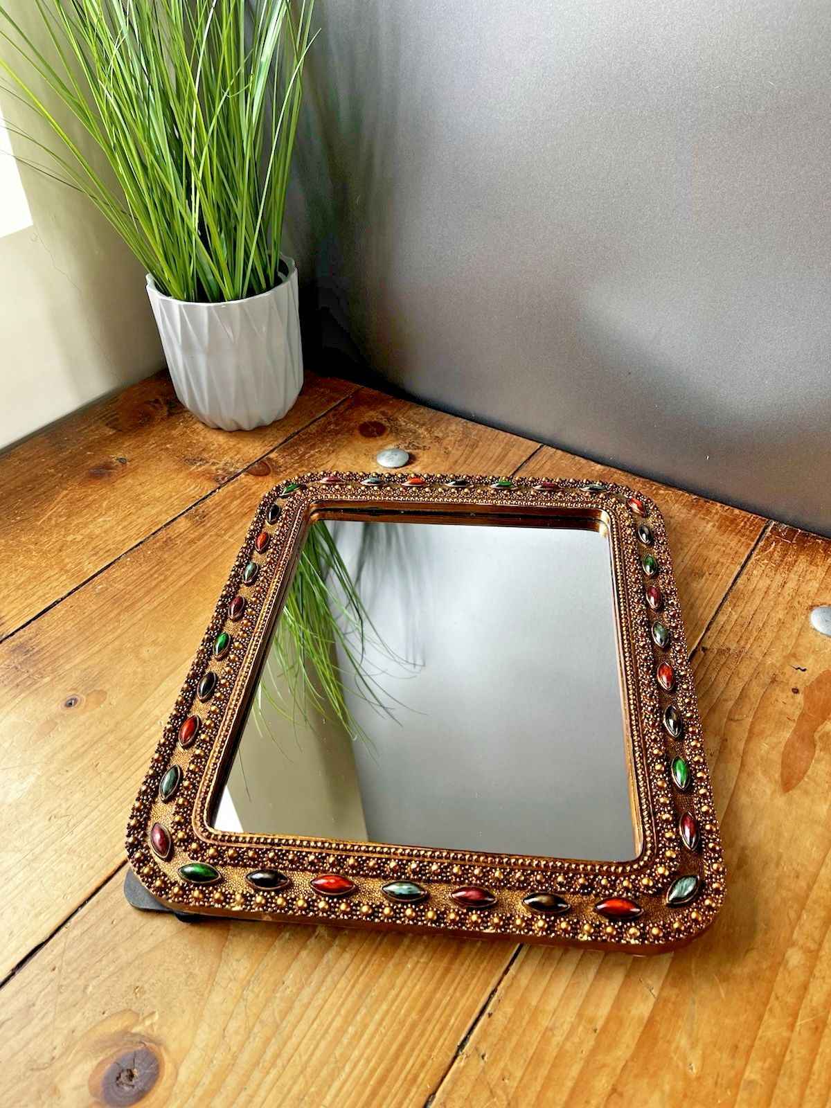 Vintage Hollywood Regency Cabochon Jewelled Gilt Wall Easel Mirror Moorish Boho photo Home Decor