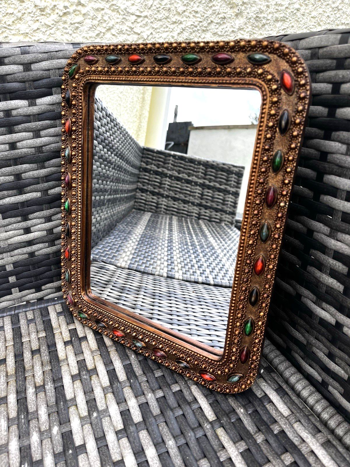 Home Decor Vintage Hollywood Regency Cabochon Jewelled Gilt Wall Easel Mirror Moorish Boho photo