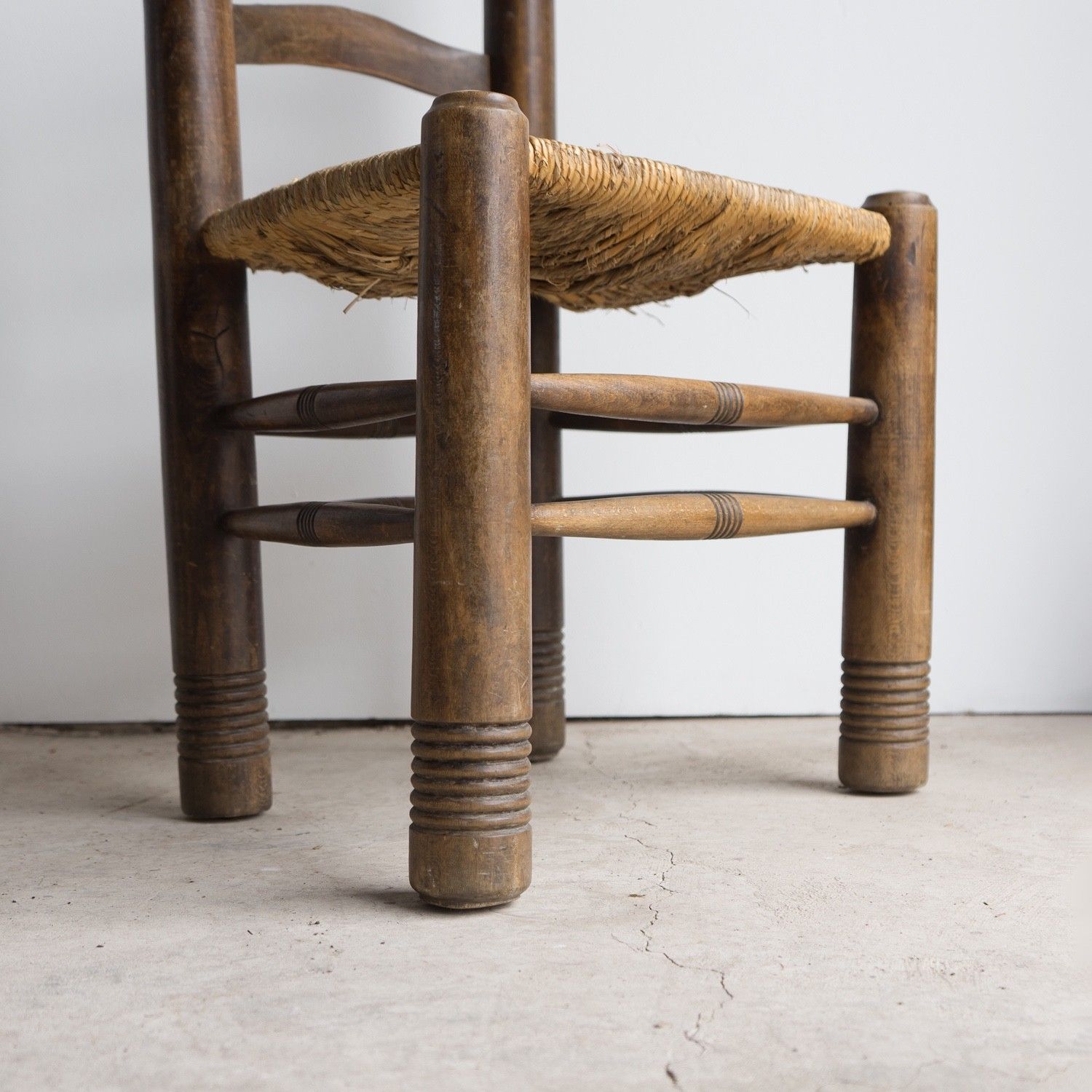 photo for sale Vintage French Brutalist Oak And Rush Seat Chair By Charles Dudouyt, 1940s