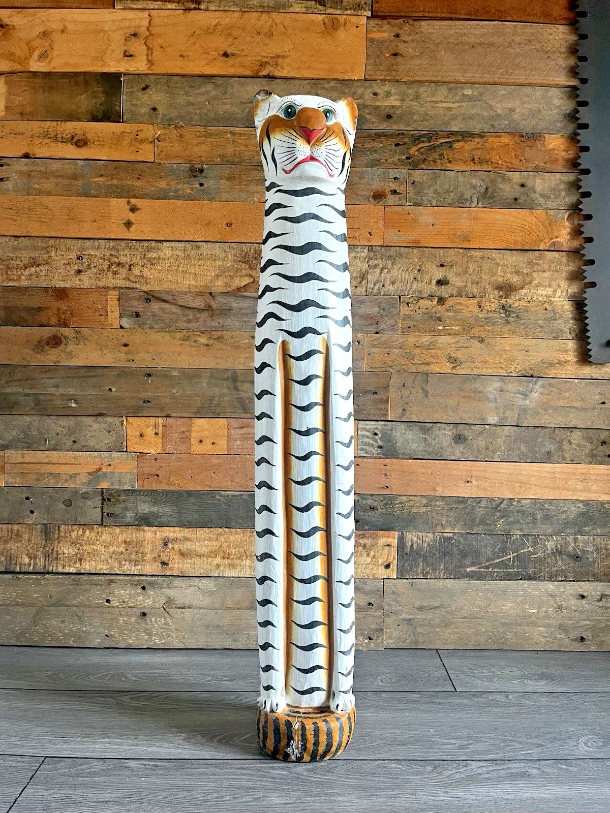37" Vintage 60s Balinese Hand Carved Wooden Folk Art Tiger Entrance Guard Figure photo furniture