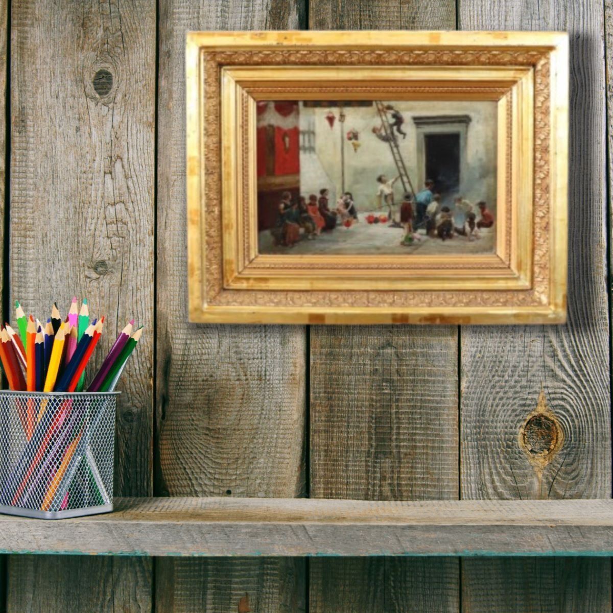 Children Playing, Oil Painting On Canvas, 19th Century, Framed photo furniture