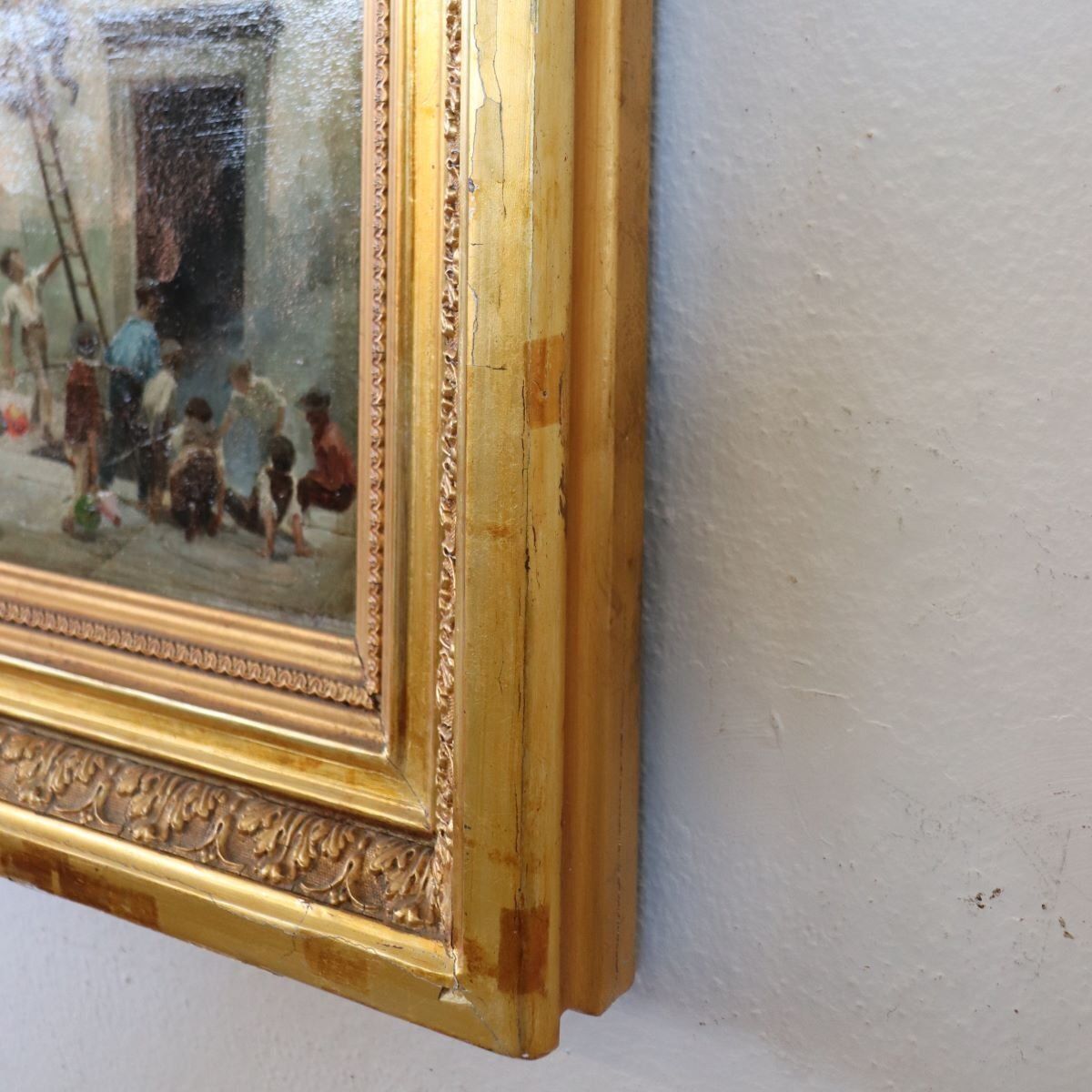 Children Playing, Oil Painting On Canvas, 19th Century, Framed photo vintage