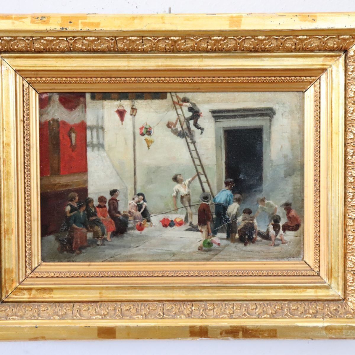 photo vinterior Children Playing, Oil Painting On Canvas, 19th Century, Framed