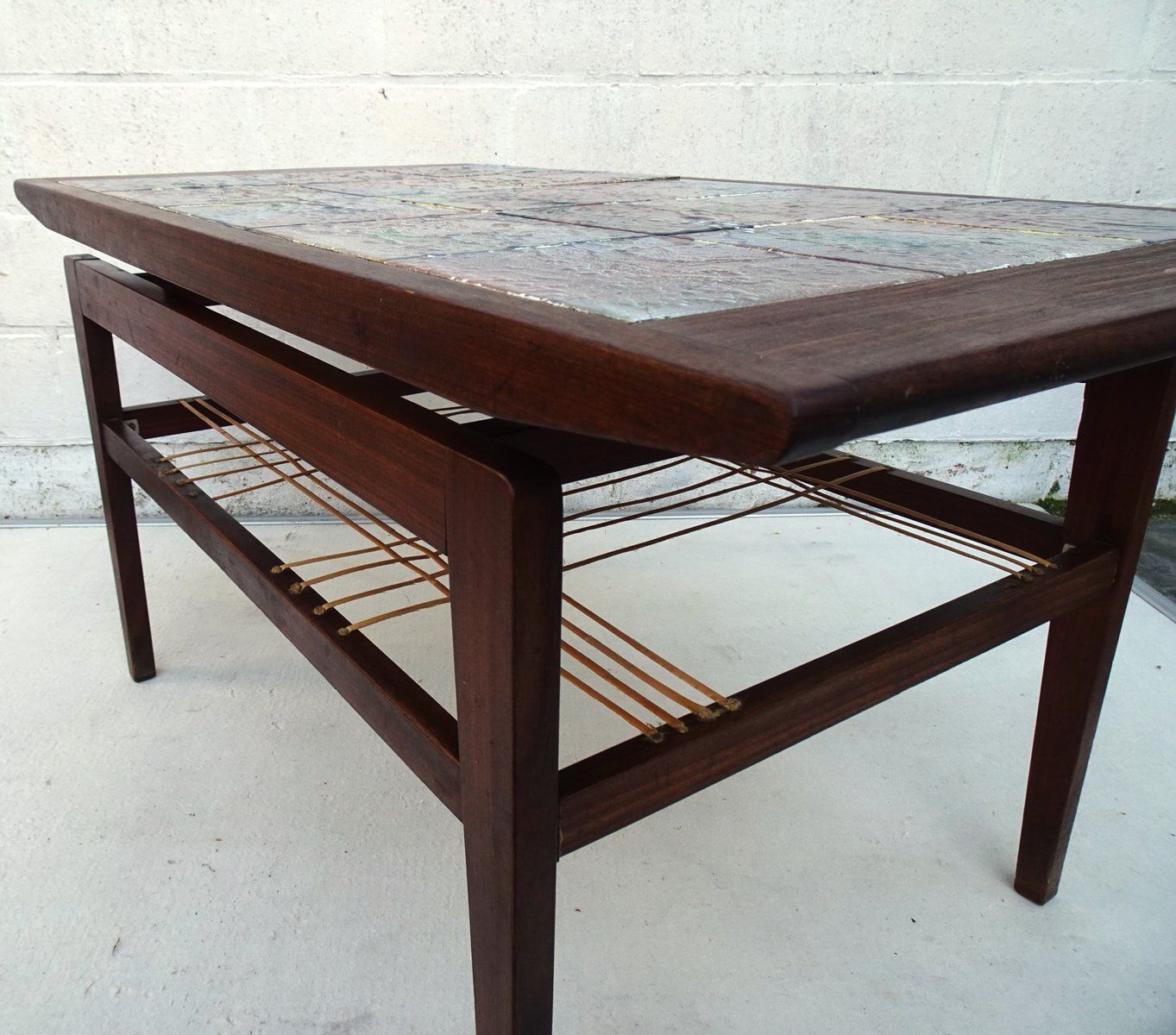 photo vintage Teak Coffee Table With Ceramic Tiles From Vallauris Lascaux, 1950s