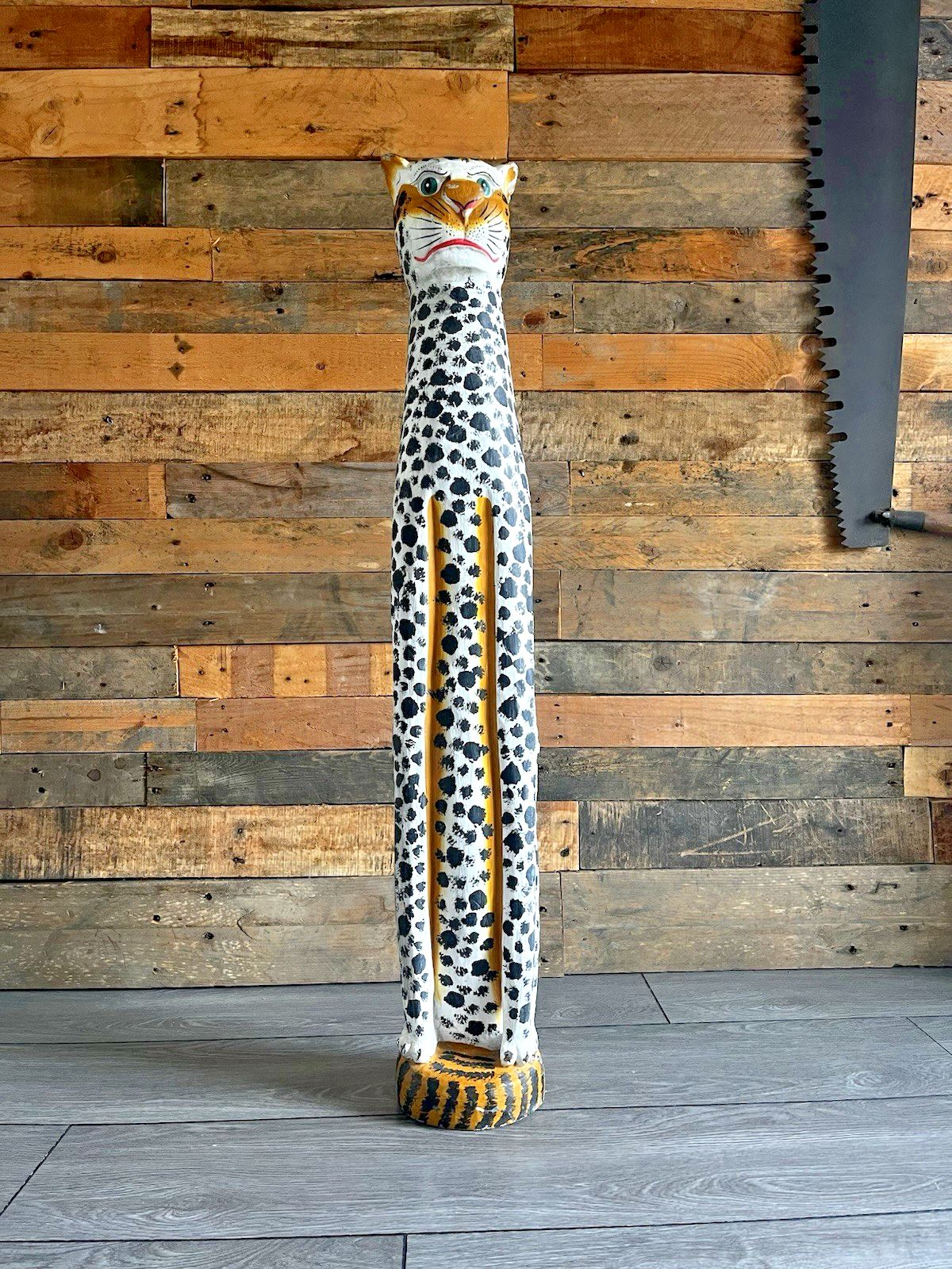 37" Vintage Balinese Hand Carved Wooden Folk Art Leopard Entrance Guard Figure photo furniture