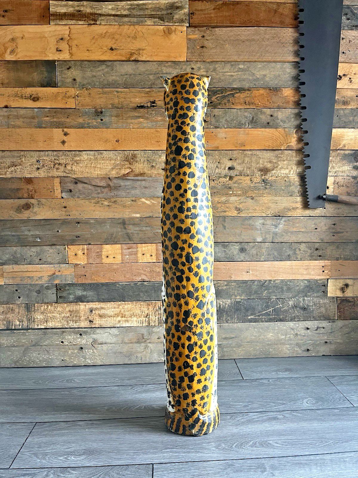 photo furniture 37" Vintage Balinese Hand Carved Wooden Folk Art Leopard Entrance Guard Figure