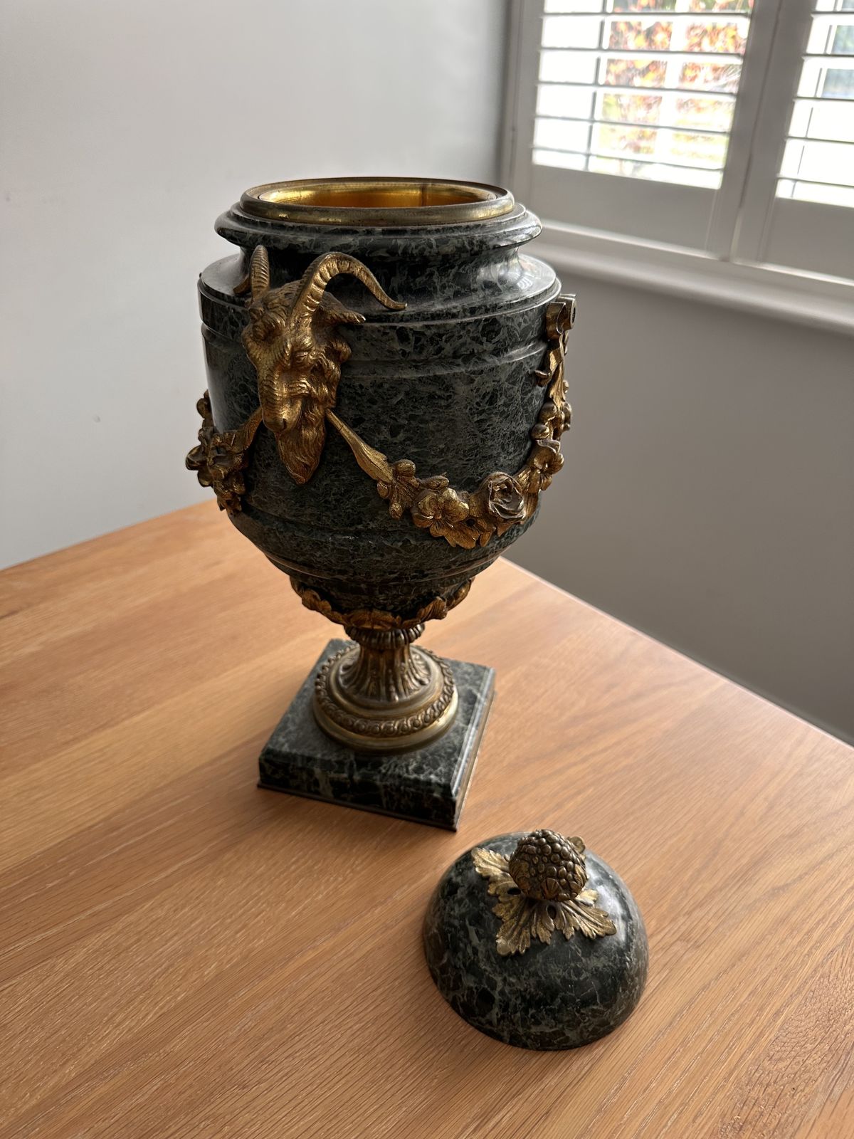 Pair Of French Gilt Bronze Mounted Verde Antico Marble Urns And Covers photo Art