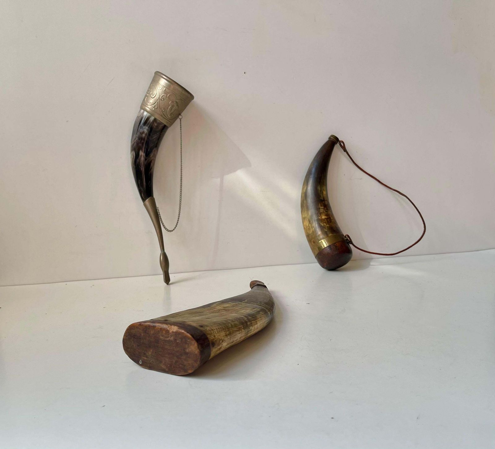 Antique Gun Powder & Drinking Horn's W. Wood & Bronze Accents photo vintage