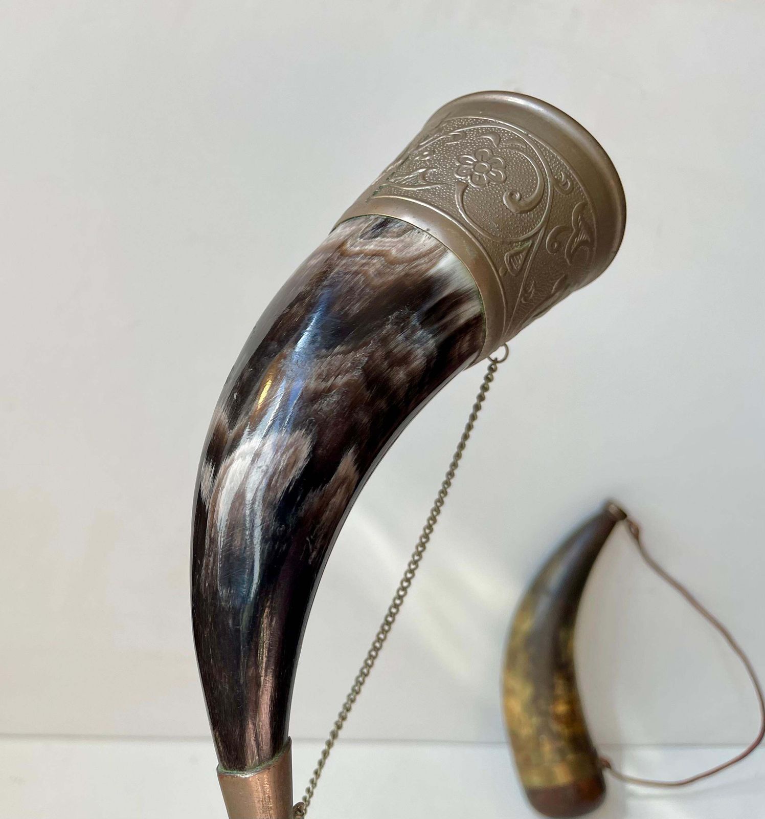 photo furniture Antique Gun Powder & Drinking Horn's W. Wood & Bronze Accents