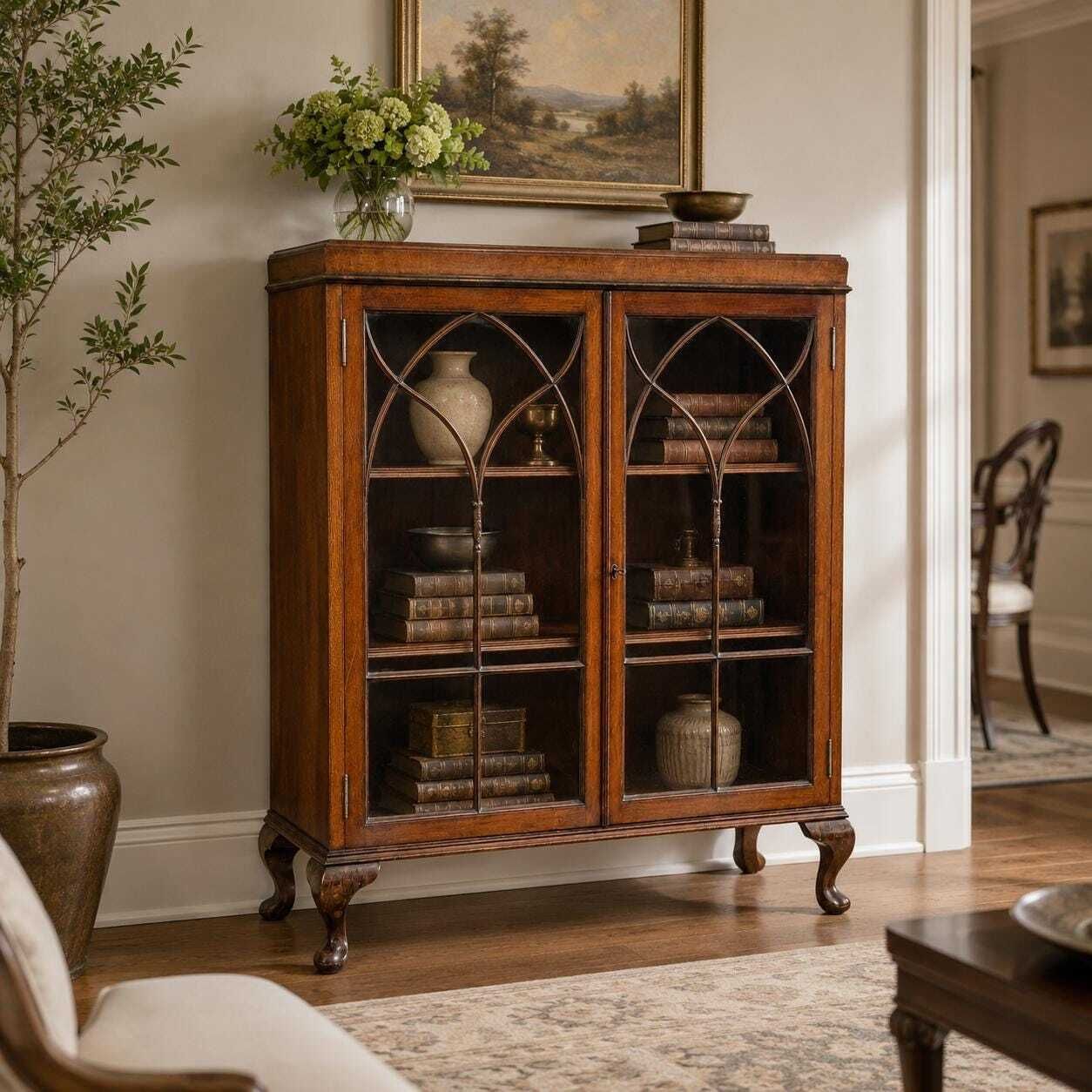 Antique Mahogany Display Cabinet | Astragal Glazed Bookcase Cupboard | Gothic Glass China Cabinet | Vintage Display Storage