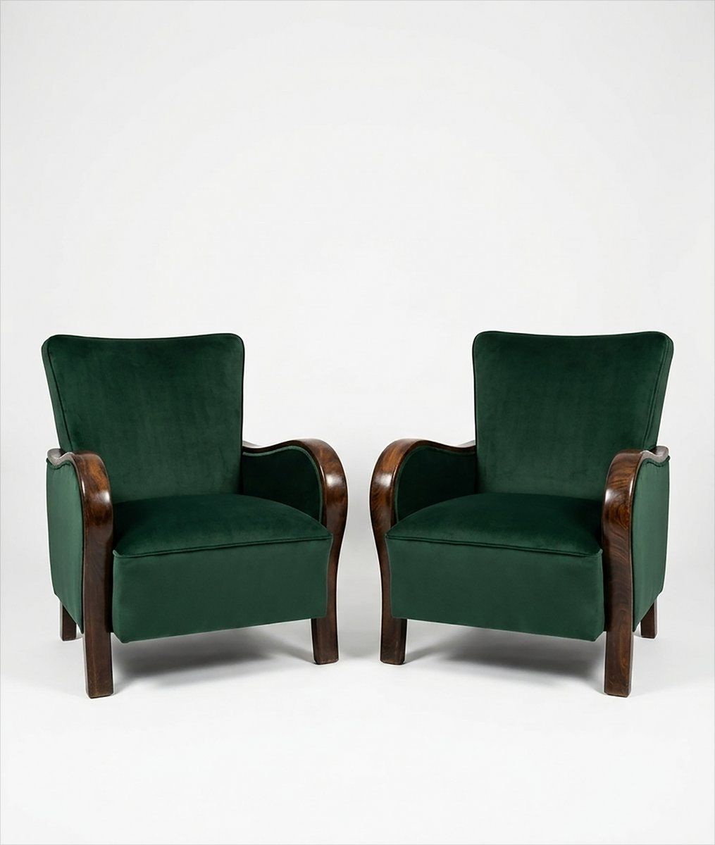 Art Deco Lounge Fauteuils in Donkergroen Fluweel, Set van 2 photo for sale